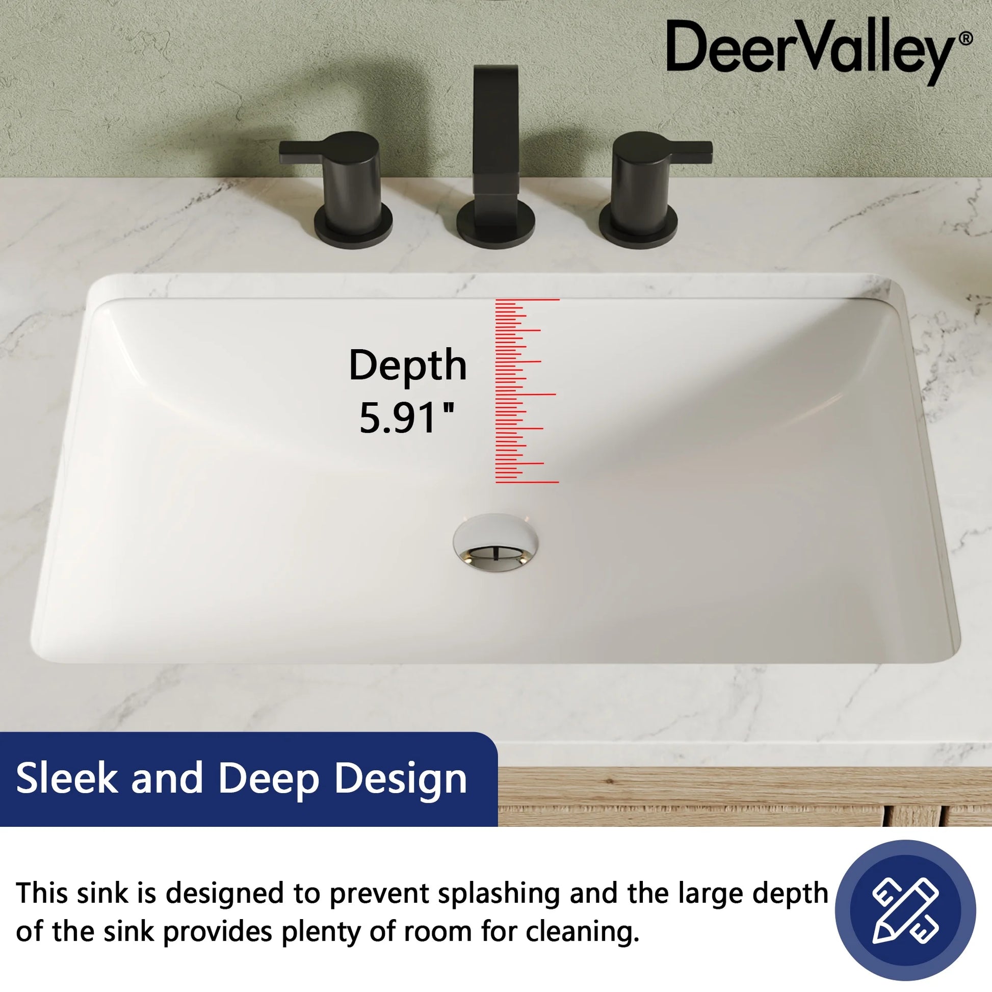 DV-1U0208 DeerValley 24" x 17" White Ceramic Rectangular Undermount Bathroom Sink with Overflow