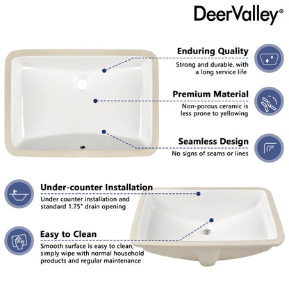 DV-1U0208 DeerValley 24" x 17" White Ceramic Rectangular Undermount Bathroom Sink with Overflow
