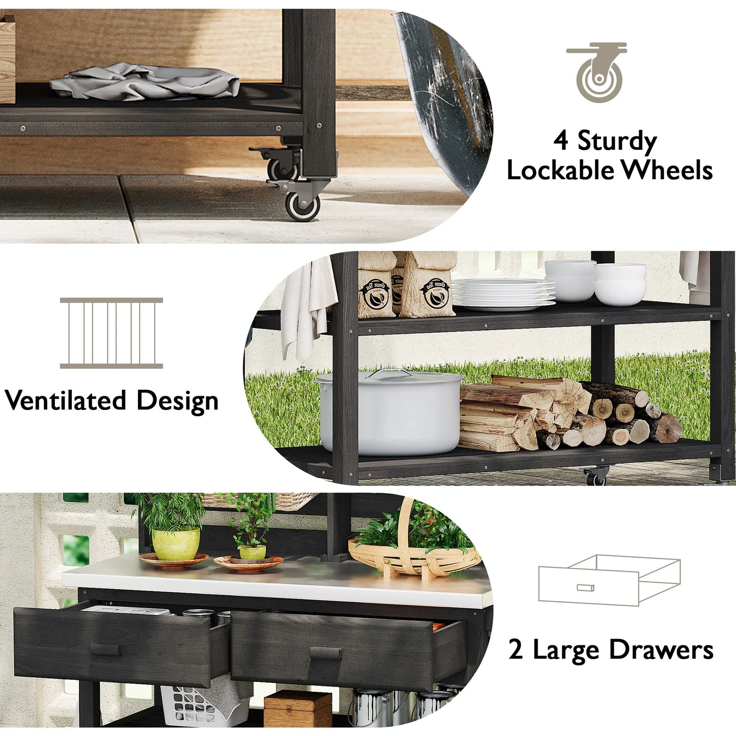 Euroco 64.9"H Outdoor Potting Bench Table with Lockable Wheels, Solid Wood Outdoor Kitchen Island with Upper Hutch, Stainless Steel Top, Towel Rack ,Outdoor Storage for Grilling, Lawn Garden -Black