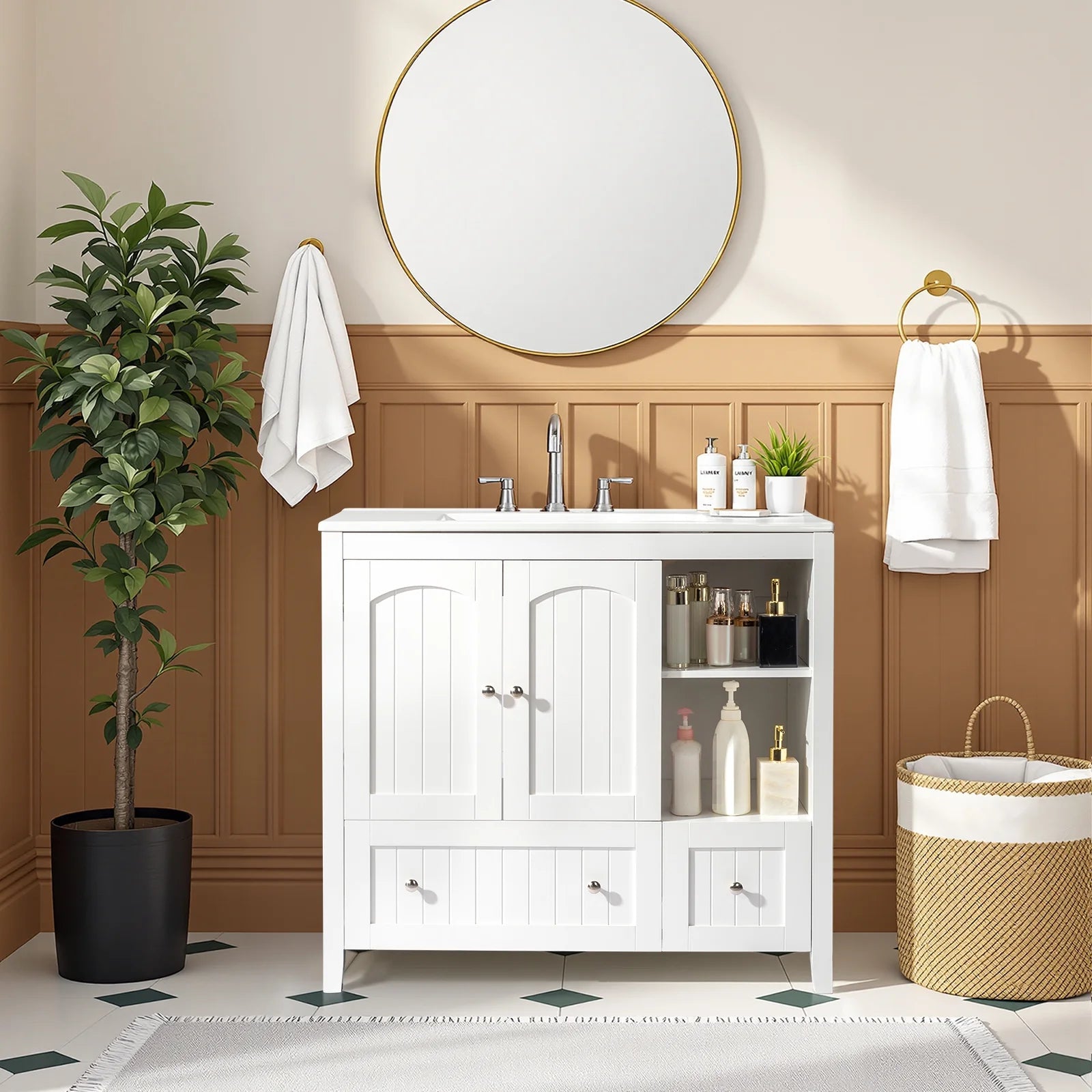 Ktaxon Modern 36'' Bathroom Vanity Set with Sink Ceramic Top, Freestanding Cabinet Storage Space Saver, White (Split Two Packages for Delivery)