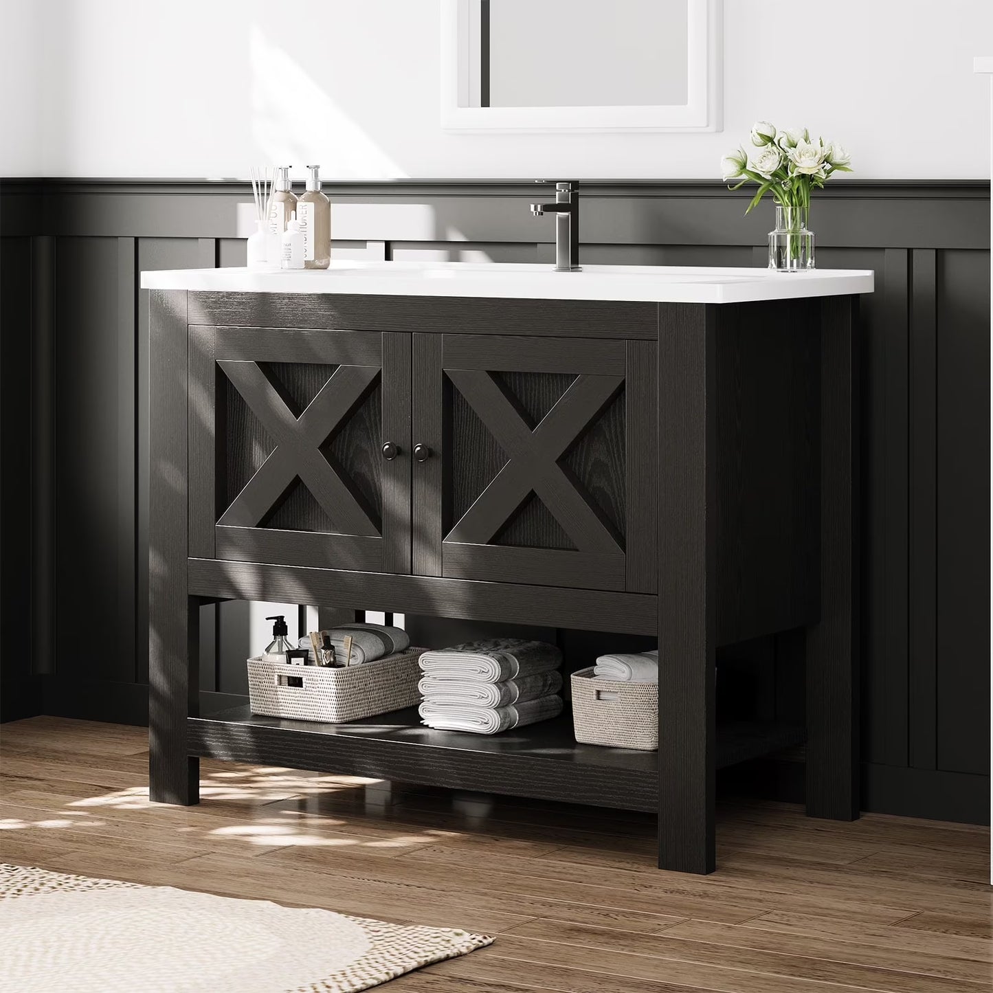 DreamCurship Bathroom Vanity with Sink Combo, 35'' Bathroom Storage Cabinet with Storage, Farmhouse Bathroom Vanity Cabinet with 2 Doors and Open Shelf, White