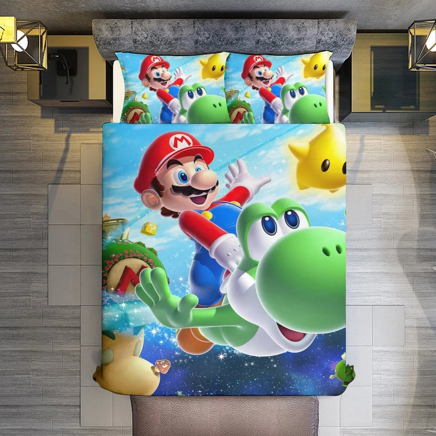 Super Mario Galaxy 3 Piece Bedding Sets Decor Comforter Sets With One Duvet Cover Two Pillow Shams