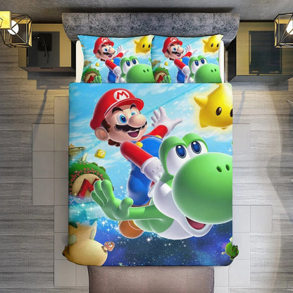 Super Mario Galaxy 3 Piece Bedding Sets Decor Comforter Sets With One Duvet Cover Two Pillow Shams