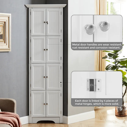 Freestanding Tall Storage Cabinet with 4 Doors and 4 Shelves, Large Bathroom Cabinet, Freestanding Kitchen Pantry Cabinet for Living Room, Kitchen, Dining Room, Office