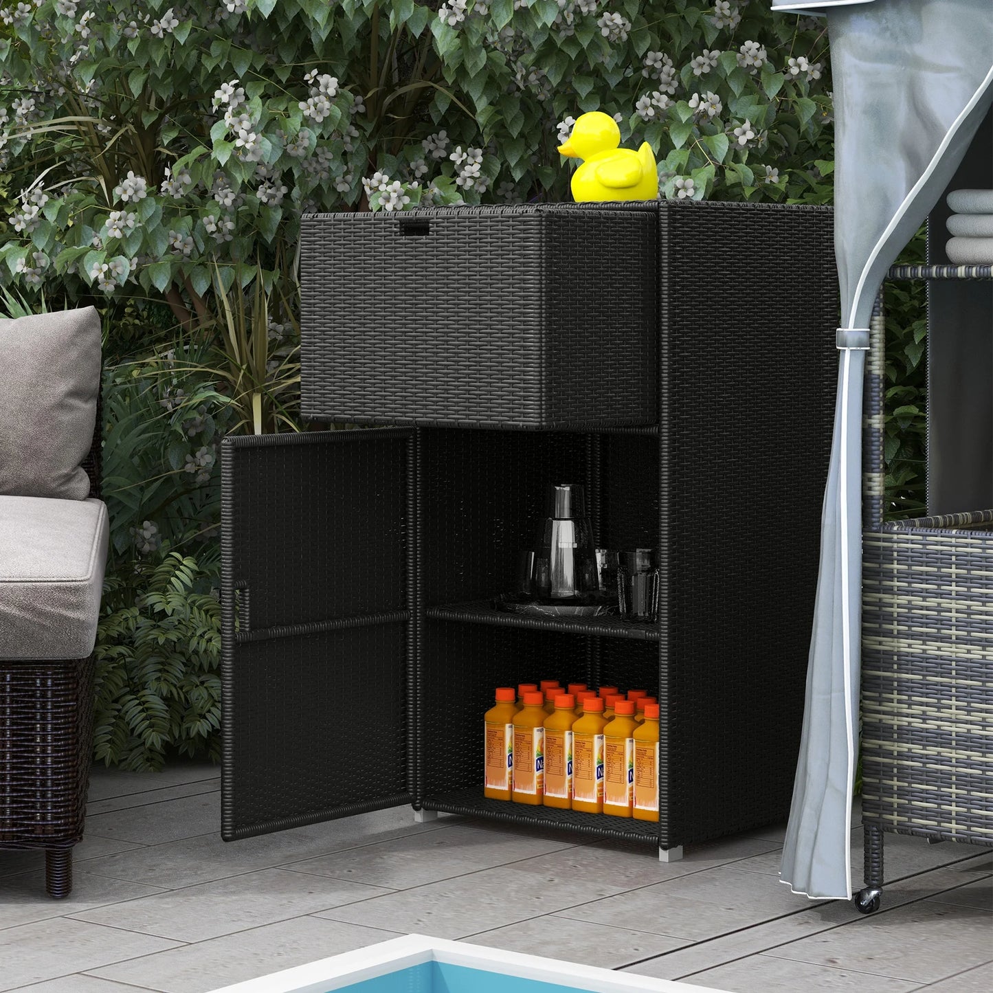 Outsunny Towel Rack & Pool Toy Cabinet/Hot Tub Accessory Storage, Waterproof PE Rattan Cabinet & Drawer for Indoor, Outdoor Swimming Pool, Brown