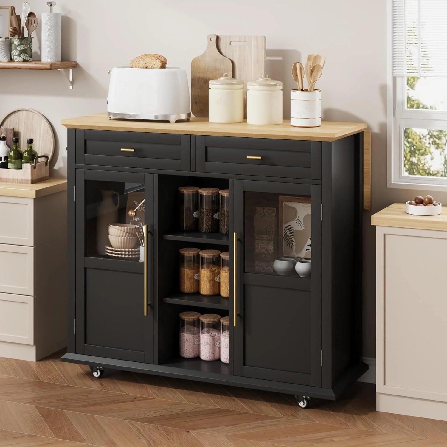 WALYWIK Foldable Kitchen Island Cart with Wheels, 2 Glass Doors, Spice Rack & Towel Holder - Compact Mobile Storage Cart for Small Kitchens, Dining Rooms, Camping & RVs - Grey
