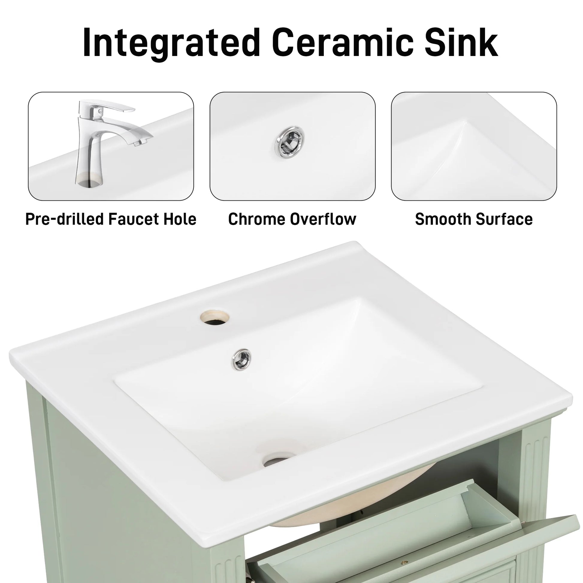 Euroco 20" Bathroom Vanity with Integrated Ceramic Sink, Soft-Close Hinges and Drawer Storage, Solid Wood Legs