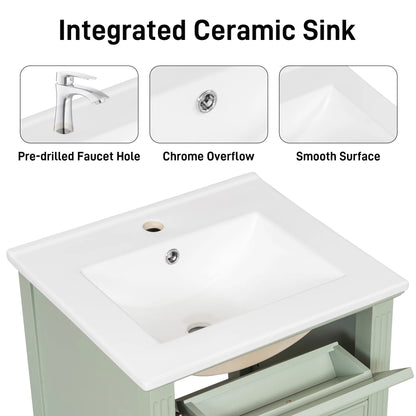 Euroco 20" Bathroom Vanity with Integrated Ceramic Sink, Soft-Close Hinges and Drawer Storage, Solid Wood Legs