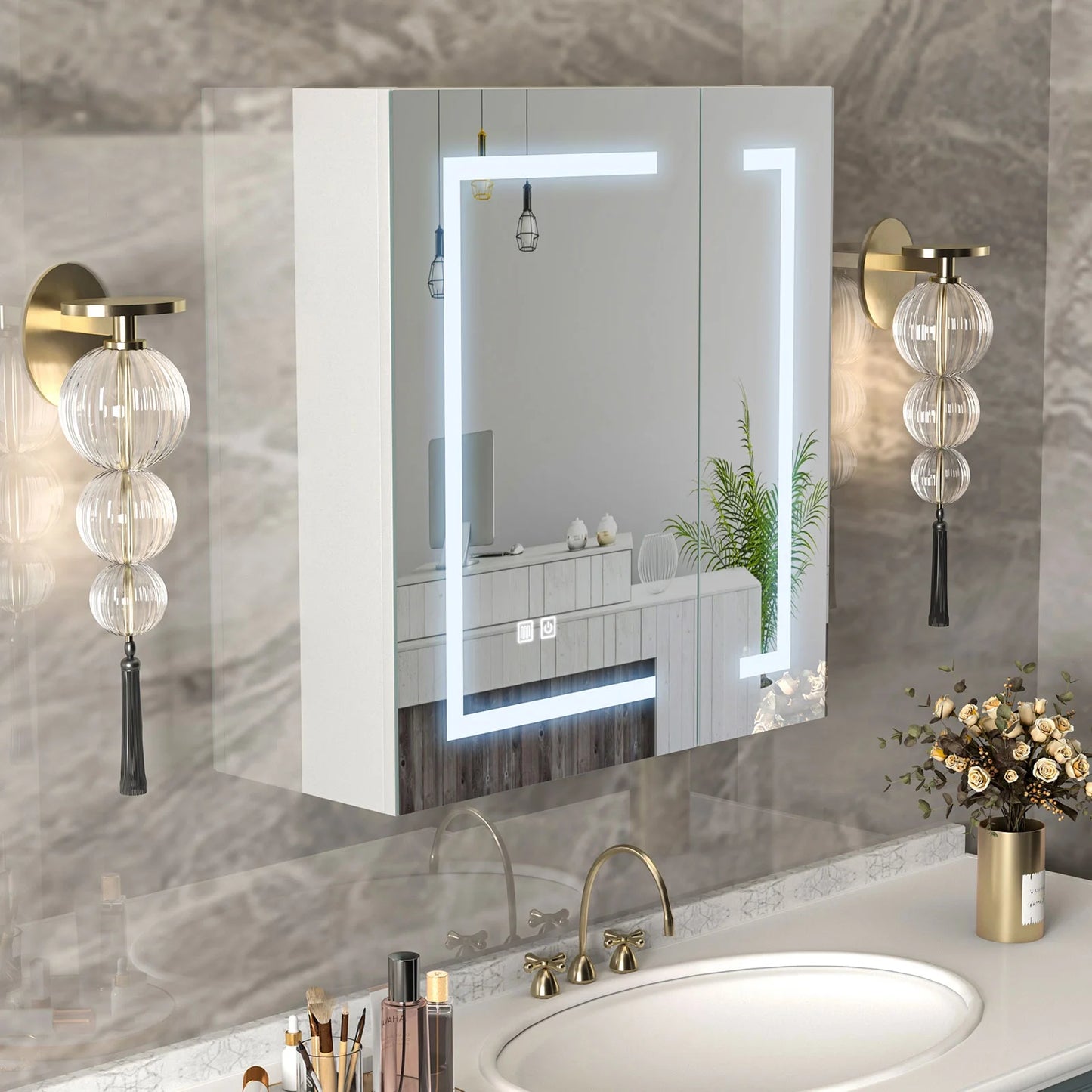 Led Medicine Cabinets for Bathroom with Mirror Lighted Mirror Cabinet with Defogger Surface Mount Bathroom Vanity Medicine Cabinet with Storage 23.7X 25.6Inch