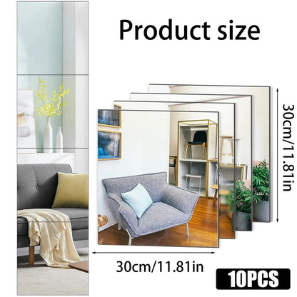 EUWBSSR 10pcs 12in Flexible Mirror Sheets Self-Adhesive Plastic Mirror Tiles Non-Glass Mirror Sticker,Ultra-Thin Flexible Mirror Sheets for Bedroom Closet Bathroom