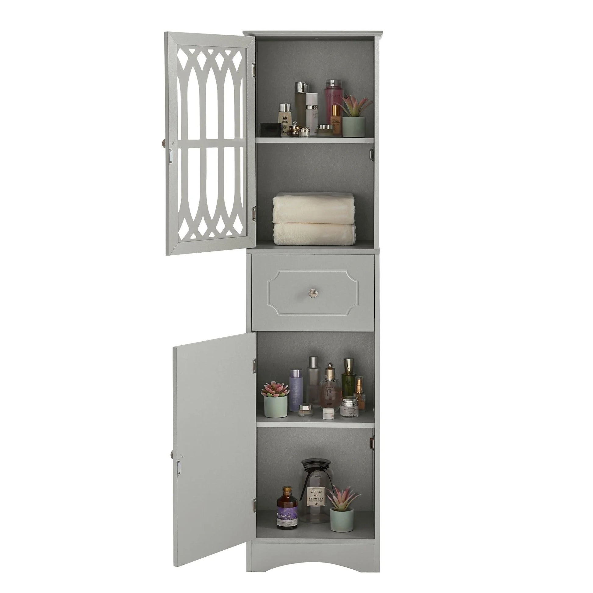 DEALTOPS Modern Bathroom Cabinet with Drawer and 2 Cabinets, Slim Freestanding Storage Cabinet with adjustable shelf for Bathroom - Gray