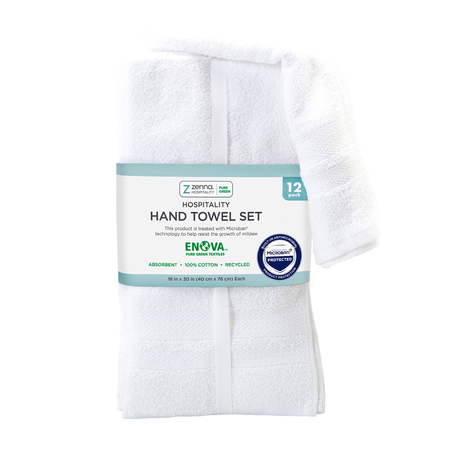 Enova Recycled Cotton Hand Towels for Hospitality and Home, White, Set of 12