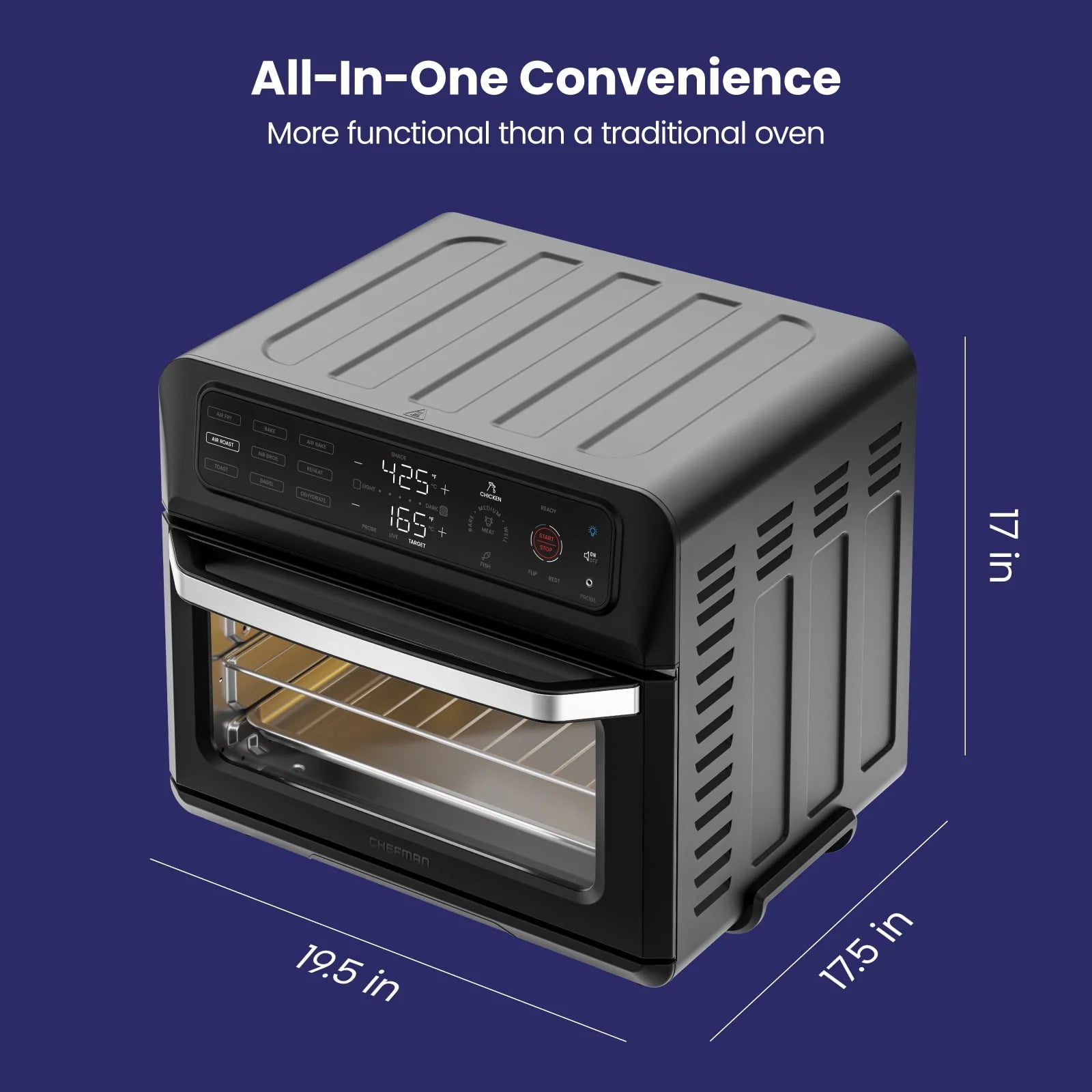 Chefman 12-in-1 Air Fryer Oven Combo w/Probe Thermometer, 20 qt Capacity, Black Stainless Steel