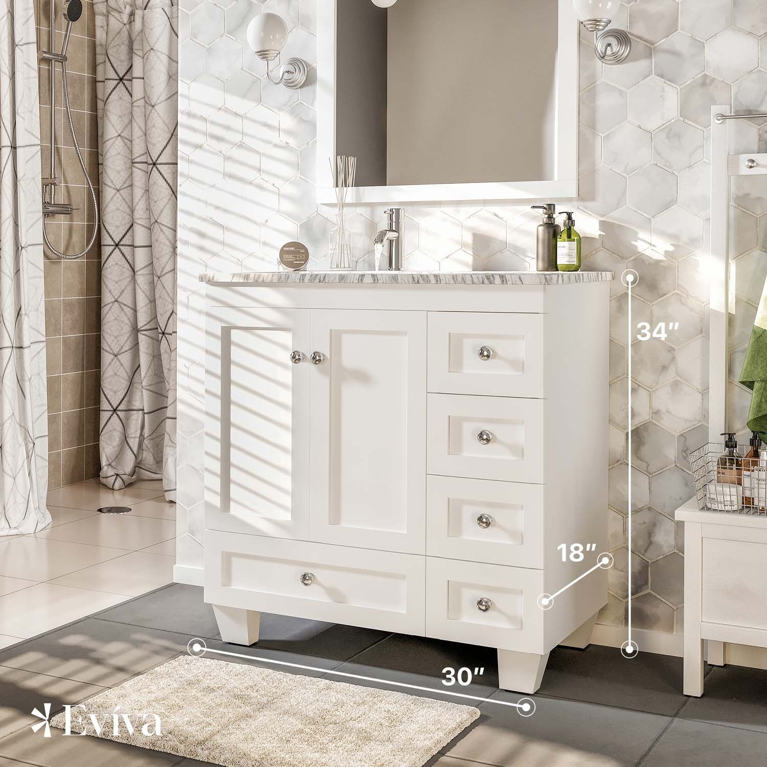 Eviva Happy 30" W x 18" D x 34" H White Bathroom Vanity with White Carrara Marble Counter-Top