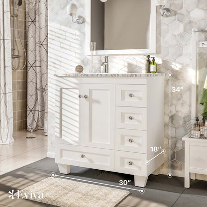 Eviva Happy 30" W x 18" D x 34" H White Bathroom Vanity with White Carrara Marble Counter-Top