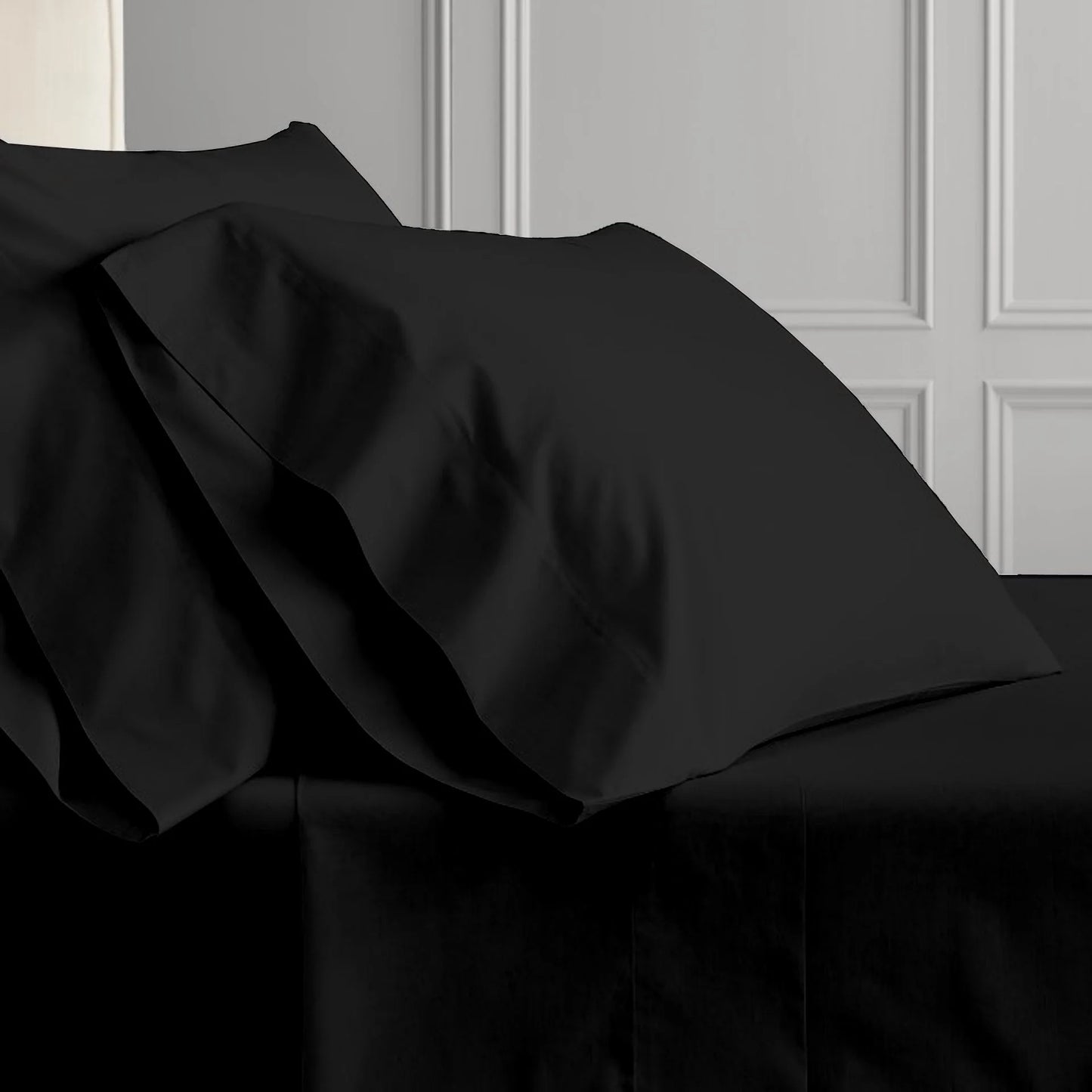 PRATYUX Split Queen 7-PC Bed Sheet Set (4-Pillowcases) 400-Thread Count 100% Egyptian Cotton Soft Breathable, 18" Deep Pockets - Black