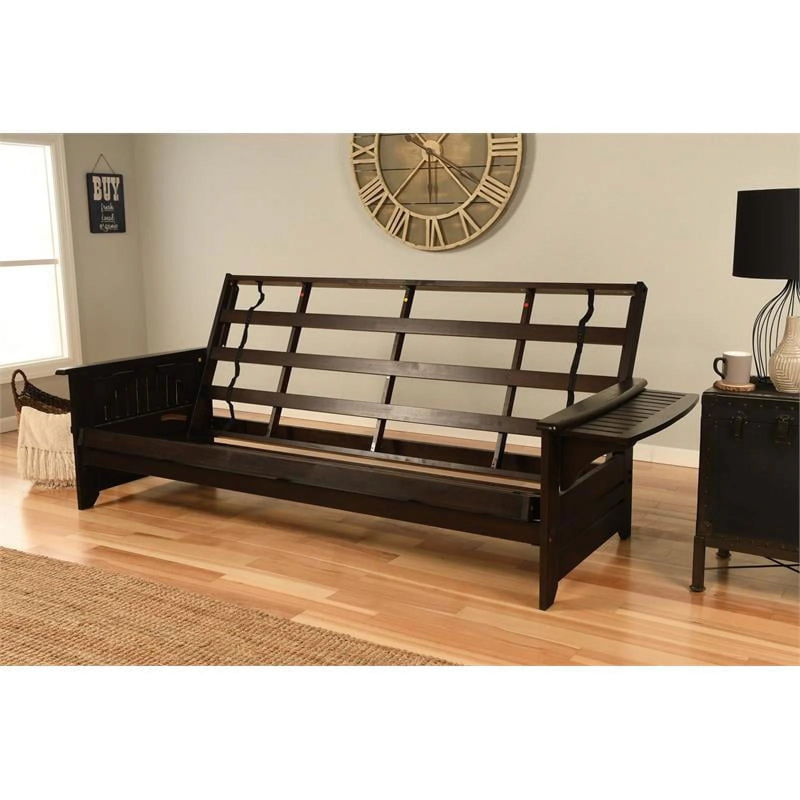 Bowery Hill Queen-size Espresso Wood Futon-Linen Charcoal Mattress