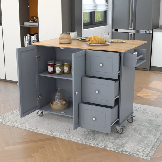 Kitchen Cart with Solid Wood Top and Drop Leaf Breakfast Bar, Rolling Mobile Kitchen Island with Storage, Spice Rack and Towel Rack, 52.7 Inch Width, Grey Blue