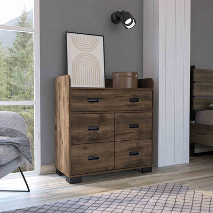DUOSONG Alyn Dresser, Four Legs, Four Drawers, One Double Drawer, Superior Top -Dark Brown Brown Particle Board Furniture Bedroom Furniture Dressers, Chests & Wardrobes