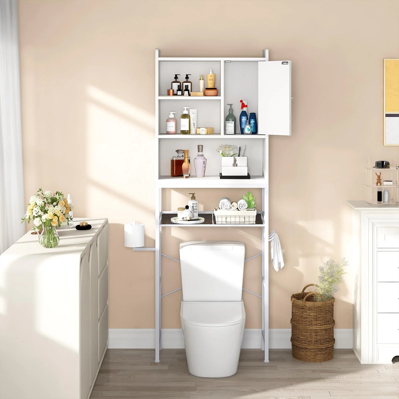 furlinkhm Over The Toilet Storage Cabinet,Bathroom Rack Organizers with Adjustable Shelf,5-Tier Bathroom Space Saver Over Toilet with Door for Bathroom, Restroom, Laundry,22.6"9.4"72.8"