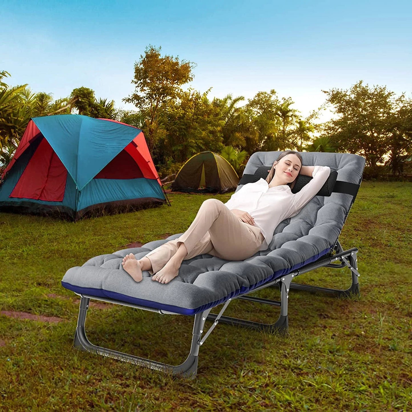 Slsy Folding Lounge Chair, 5-Position Adjustable Outdoor Reclining Chair, Folding Sleeping Bed Cot, Folding Chaise Lounge Chair for Pool Beach Patio Sunbathing