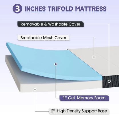 YRLLENSDAN 3 Inch Single Mattress, Floor Mattress Foldable Bed with Washable Cover Non-Slip Bottom for Camping Folding Mattress Trifold Mattress Foldable Mattress Single Size, 75" x 25" x 3"