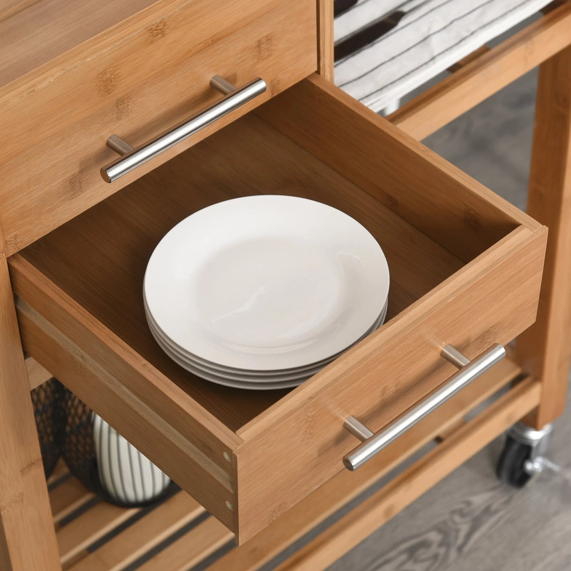 HomCom Bamboo Rolling Kitchen Island Trolley Utility Cart on Wheels, 2 Storage Drawers and Adjustable Shelving with Towel Rack