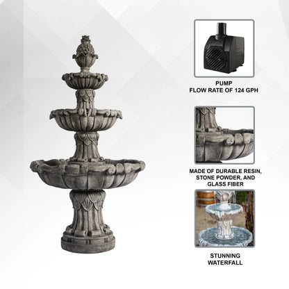 XBrand 58.3" 3-Tier Outdoor Freestanding Water Fountain - Classic Leaf Design, Gray Resin, Large Bird Bath with Pump - Ideal for Yard, Lawn and Garden, Porch Décor