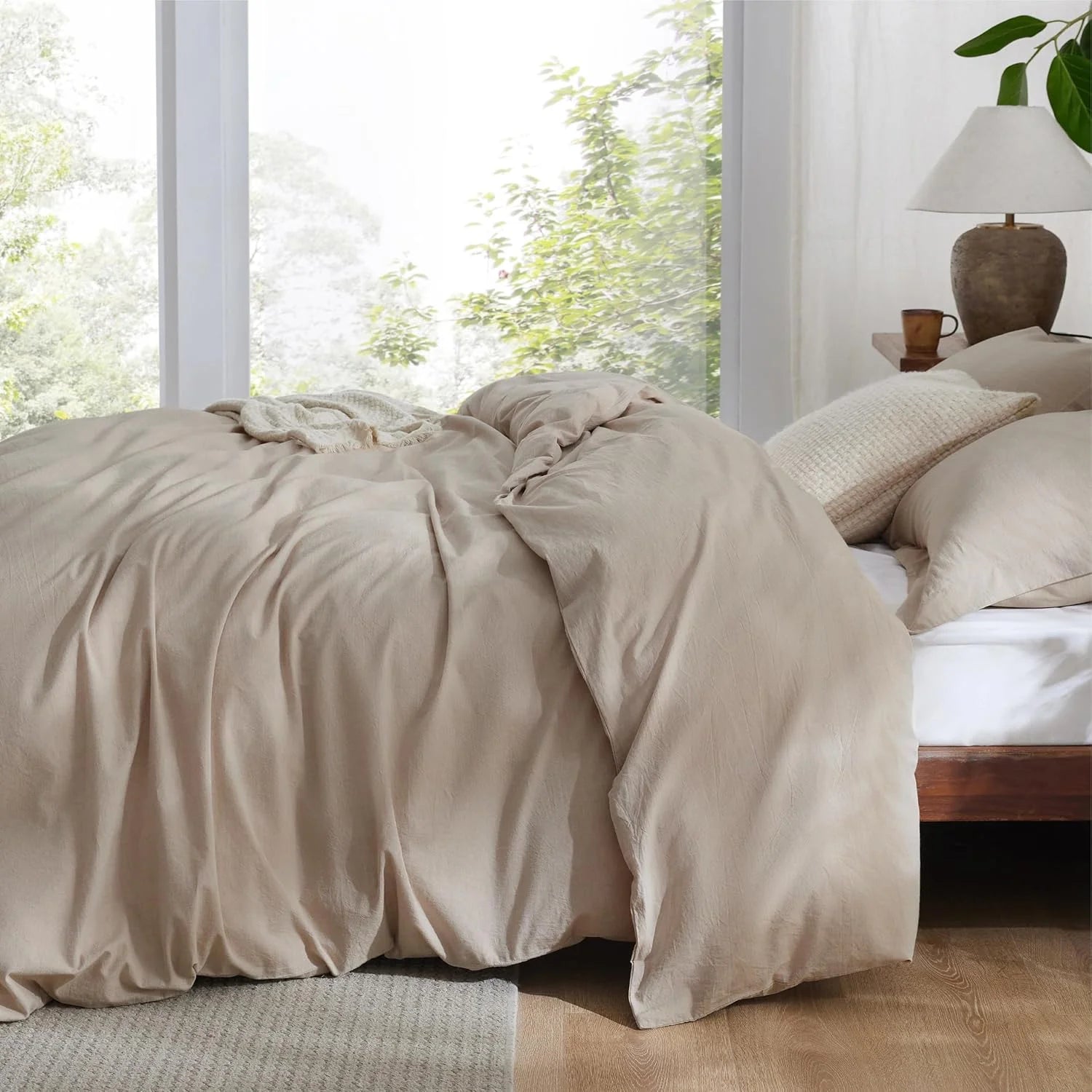 100% Washed Cotton Duvet Cover Queen Size - Warm Sand Minimalist Duvet Cover Linen Like for All Seasons - GentleSoft Plain Simple Bedding