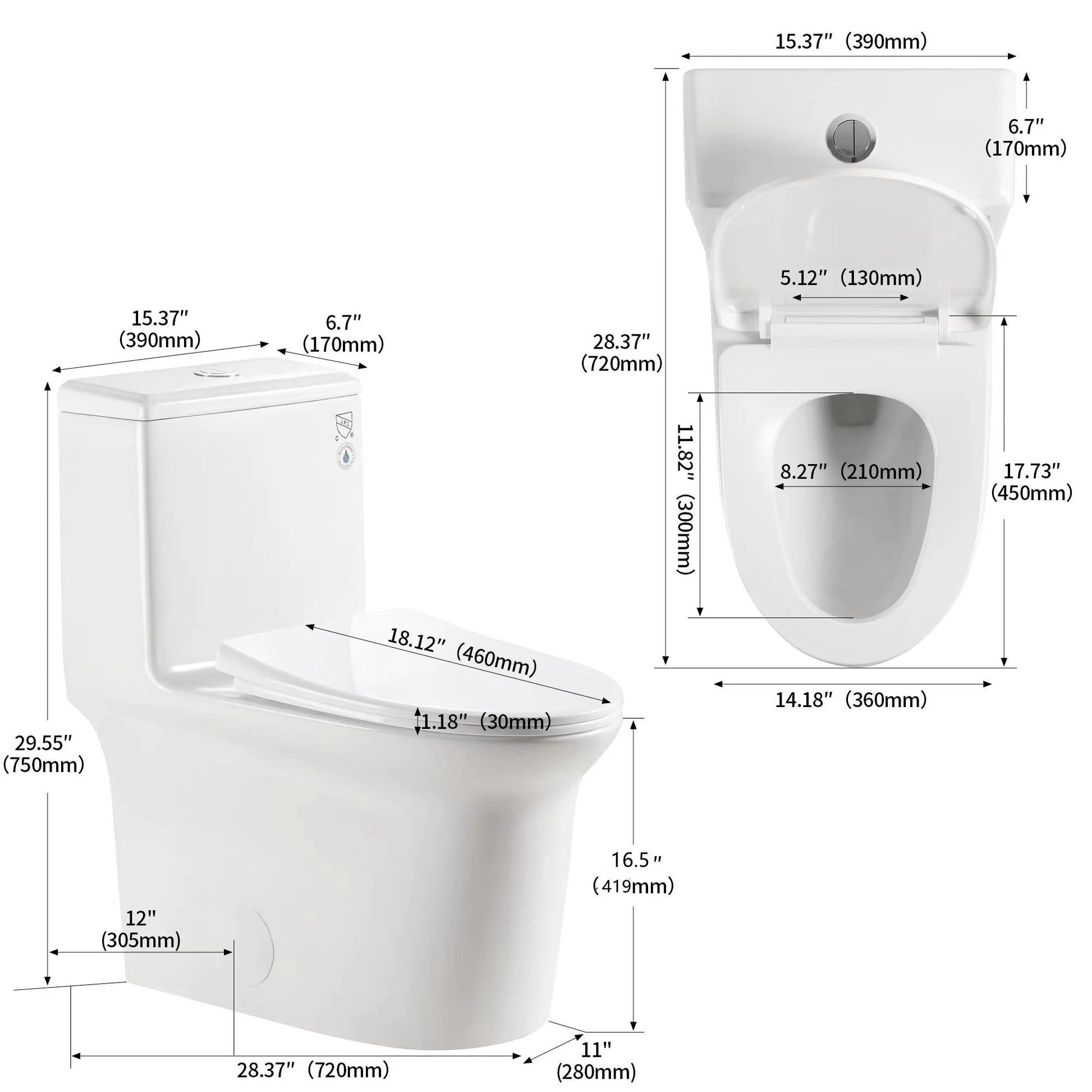 Aukfa T029-WT Elongated One Piece Toilet, Dual Flush 1.1/1.6 GPF Toilet for Bathroom, 12" Rough-In