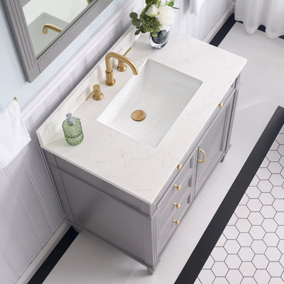 FORCLOVER 36" Bathroom Vanity with Sink Top Combo Set, Freestanding Solid Wood Bathroom Makeup Cabinet W/1 Soft-Close Door and 3 Soft-Close Drawers, Carrara White Quartz Countertop, Grey