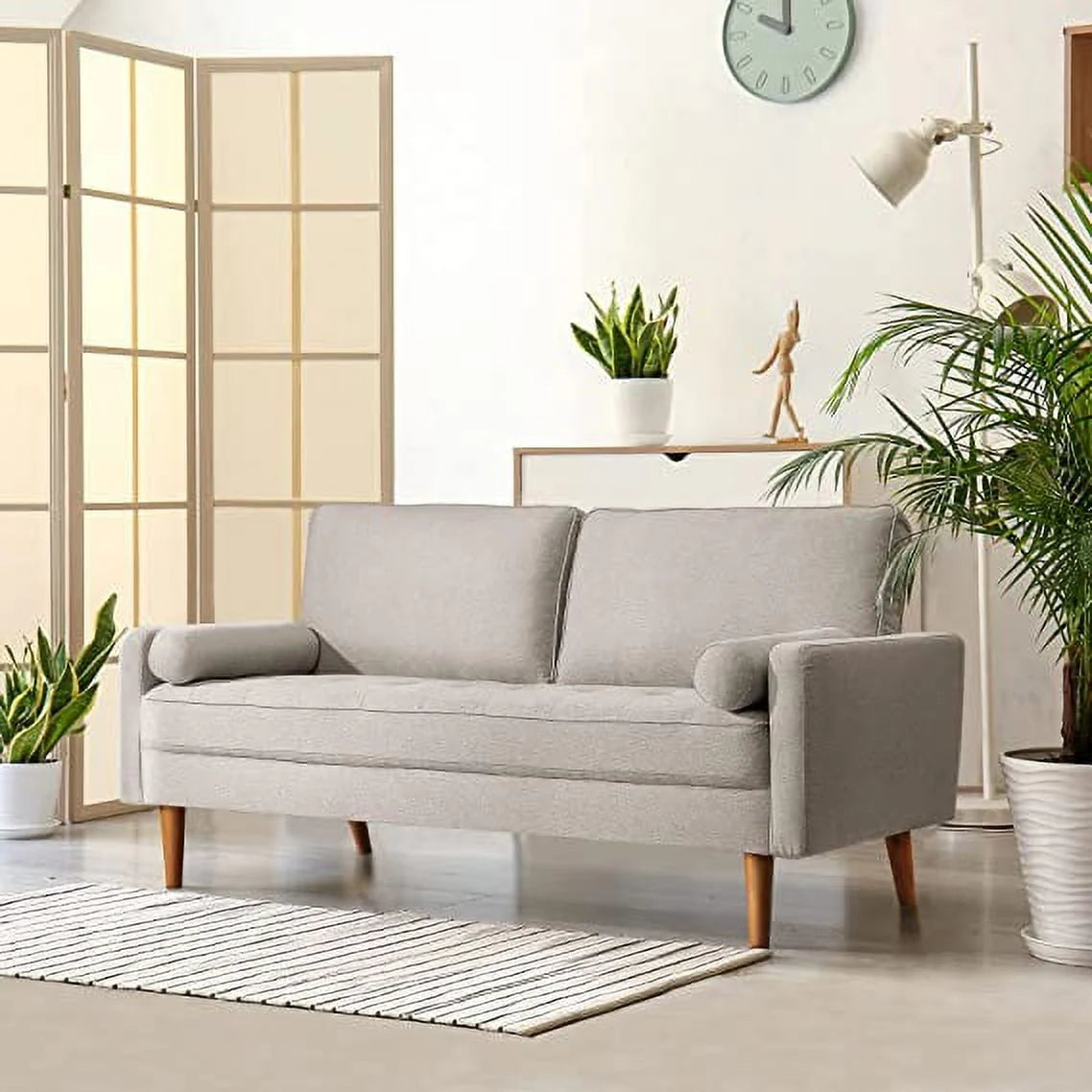 Light gray Small Couches, 68 inch Fabric Loveseat Sofa, 2 Seater Couch for Small Space, Button Tufted Seat Cushion, Square Armrest, 2 Throw Pillows, Modern Sofa for Bedroon, Living Room, Apartment