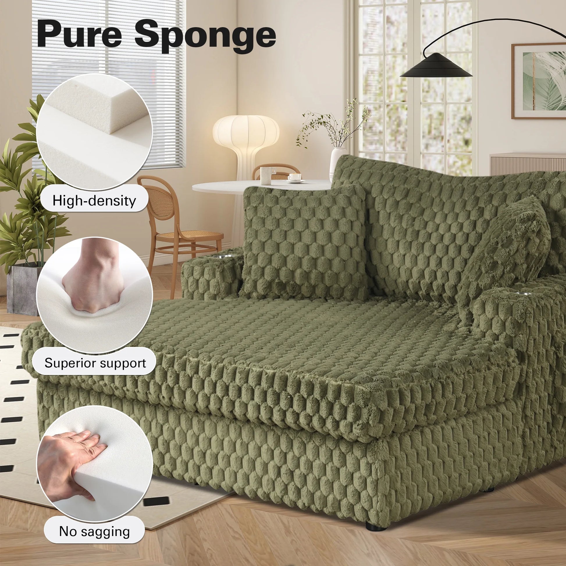Aukfa Oversized Chaise Lounge Loveseat Couch with 2 Cup Holders& Throw Pillows, Fluffy Corduroy, Olive Green
