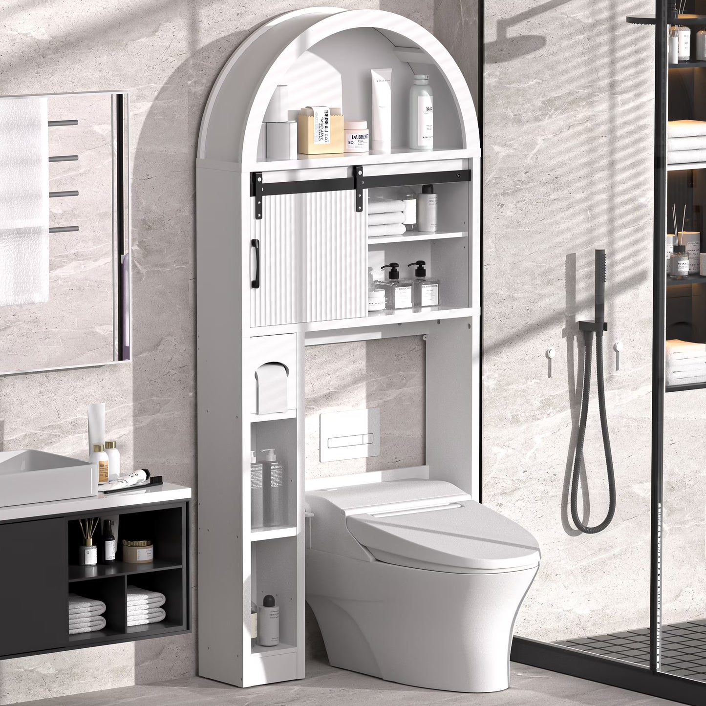 HARIPUL Over The Toilet Storage Cabinet w/Unique Wood Grain & Arc Design, Freestanding Bathroom Shelf Organizer Space Saver w/Doors & Anti-Tip Device, Wood Color