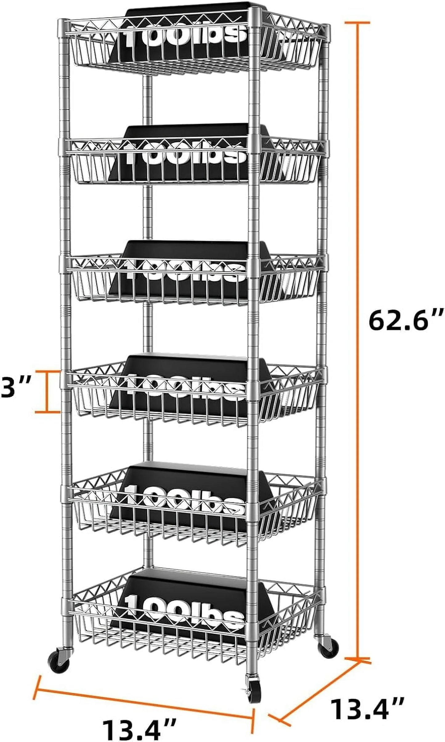 6 Tier Wire Shelving Unit with Wheels Baskets Storage Rack Corner Shelves Adjustable Shelf Closet Bathroom Organizers Metal Pantry Kitchen Garage Laundry Room 13.5" D x 13.5" W x 63" H Silver