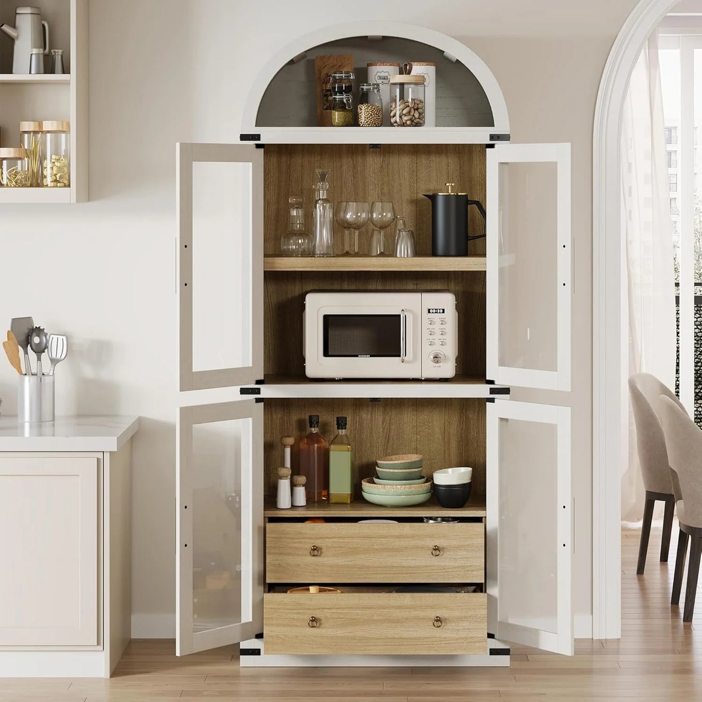 Arched Kitchen Pantry Storage Cabinet with 2 Drawers, 71-Inch Tall Farmhouse Wood Bookcase with 4 Doors for Kitchen Dining Room Bathroom