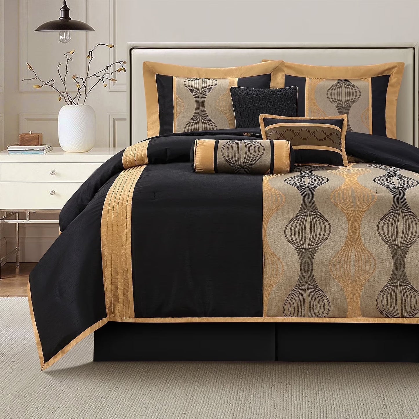 Lanco Elegant Black and Gold Comforter Set,Striped, 7 Pieces Jacquard Bedding Sets with Comforter for All Season, Bed Skirt, Pillows & Shams, Queen Size, Lightweight Microfiber