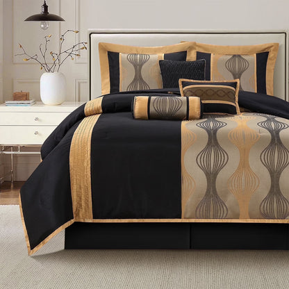 Lanco Elegant Black and Gold Comforter Set,Striped, 7 Pieces Jacquard Bedding Sets with Comforter for All Season, Bed Skirt, Pillows & Shams, Queen Size, Lightweight Microfiber