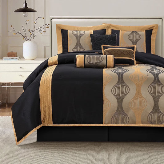 Lanco Elegant Black and Gold Comforter Set,Striped, 7 Pieces Jacquard Bedding Sets with Comforter for All Season, Bed Skirt, Pillows & Shams, Queen Size, Lightweight Microfiber