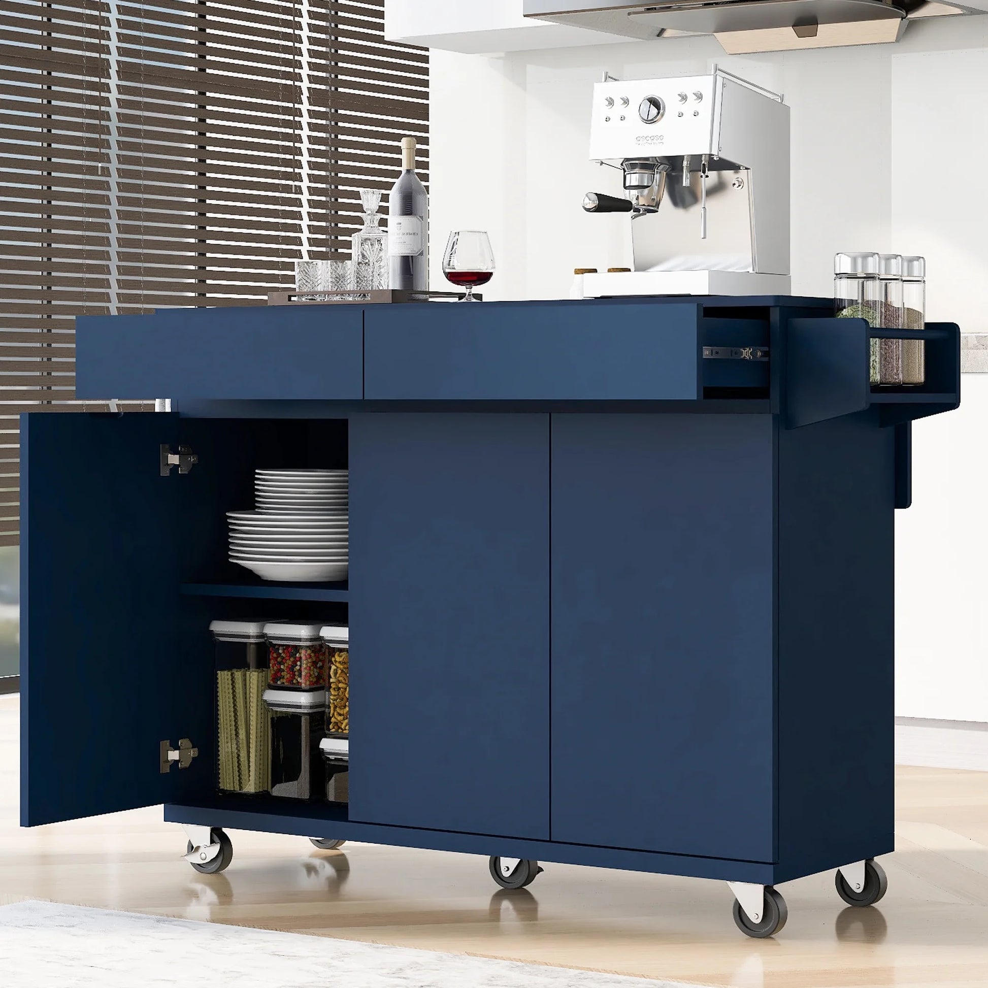 53.2'' Kitchen Island with Drop Leaf, Kitchen Storage Cart with Spice Rack, Towel Rack and 2 Drawers, Rolling Kitchen Island on Wheels with Adjustable Shelves, Navy Blue