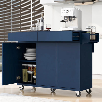 53.2'' Kitchen Island with Drop Leaf, Kitchen Storage Cart with Spice Rack, Towel Rack and 2 Drawers, Rolling Kitchen Island on Wheels with Adjustable Shelves, Navy Blue