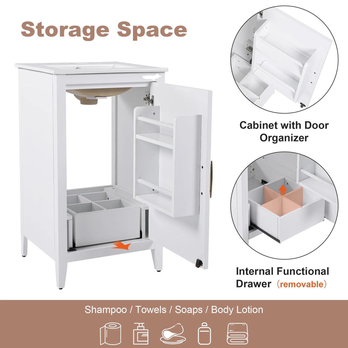 20.3 Inch Bathroom Vanity with Ceramic Sink, Solid Wood Small Single Vanity with Drawer and Soft Close Doors, White Modern Bathroom Cabinet with Storage