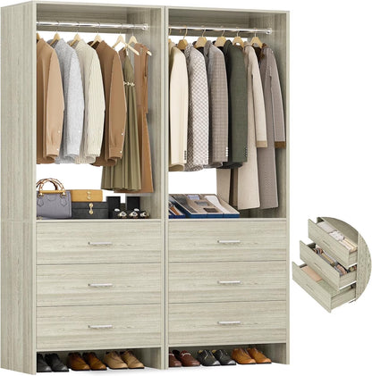 Homieasy Closet System Closet Organizer, Wood Closet Organizer System, Walk-in Closet or Small Closets Wardrobe, Clothes Rack with Hanging Rods, 4FT Closets, Set of 2, White Oak