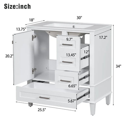 Bellemave 30" Bathroom Vanity with Sink, Cabinet with Sink Combo Set with Top, Bathroom Storage Cabinet with 3 Drawers and 1 Soft Closing Door, 30 Inch Vanity with Sink for Bathroom(White)
