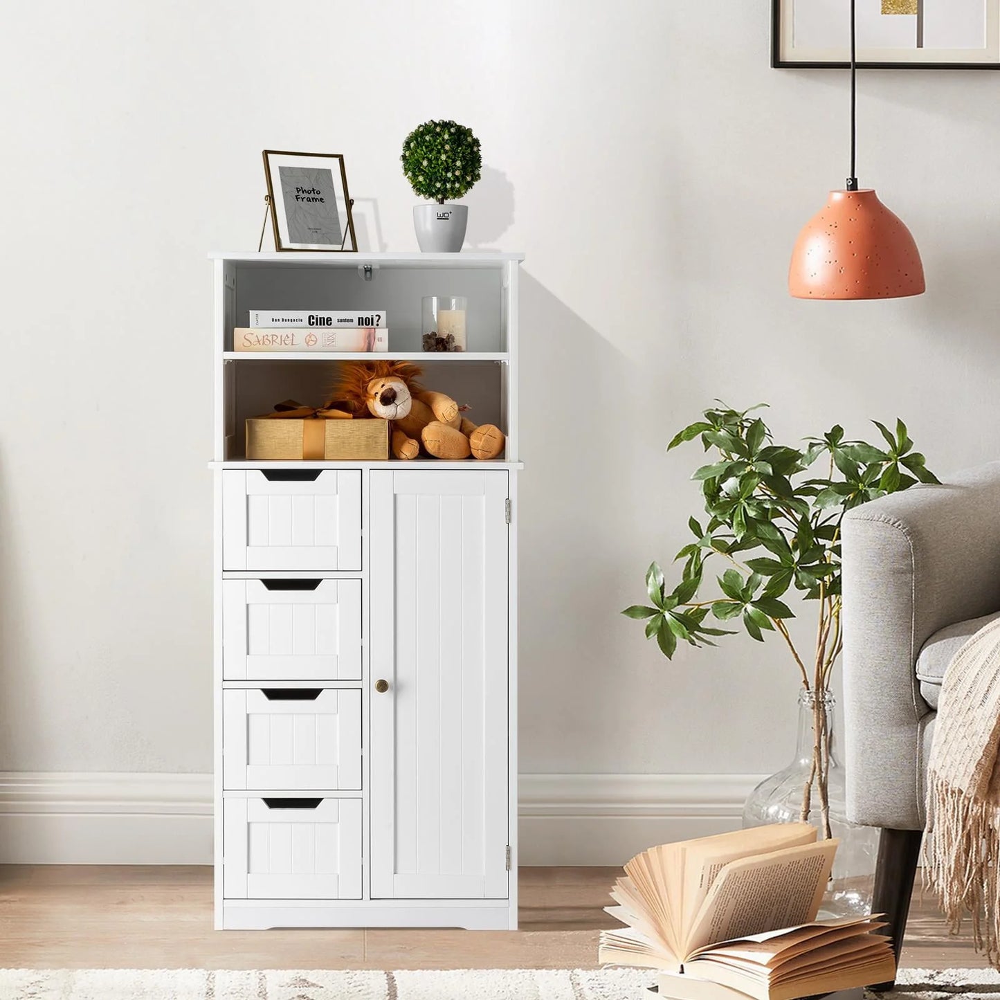 Ktaxon Freestanding Bathroom Floor Cabinet, Multipurpose Storage Cabinet with 4 Drawers, 1 Cupboard & Adjustable Shelves for Kitchen Living Room Bedroom, White
