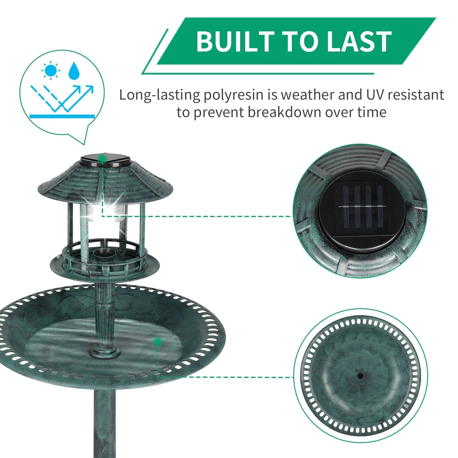 SamyoHome Wild Bird Bath Resin Pedestal Birdbaths with Solar Light Dark Green