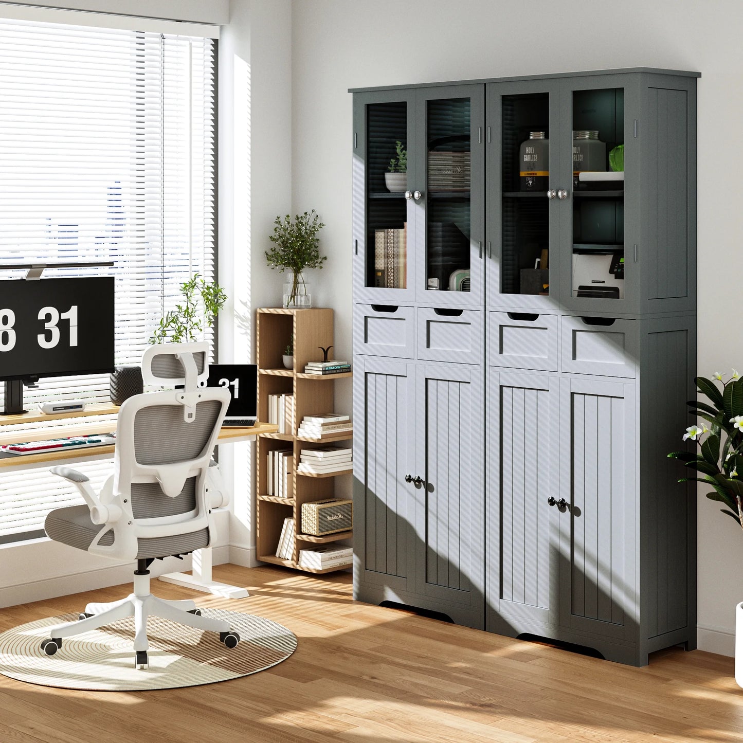 Joywind Gray Freestanding Bathroom Storage Cabinet with Glass Doors - 67" Tall Linen Organizer with 2 Drawers & Adjustable Shelves, for Bathroom, Kitchen, Living Room, Office Storage