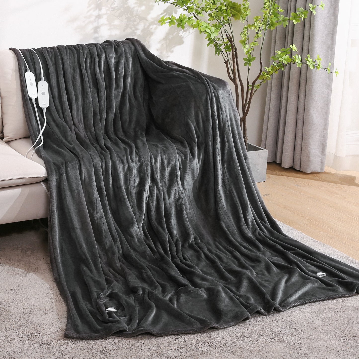 MaxKare Electric Heated Blanket Queen Size 84" x 90" with 2 Separate Controllers, 4 Heating Levels & 10H Auto-off, Machine Washable-Deep Grey