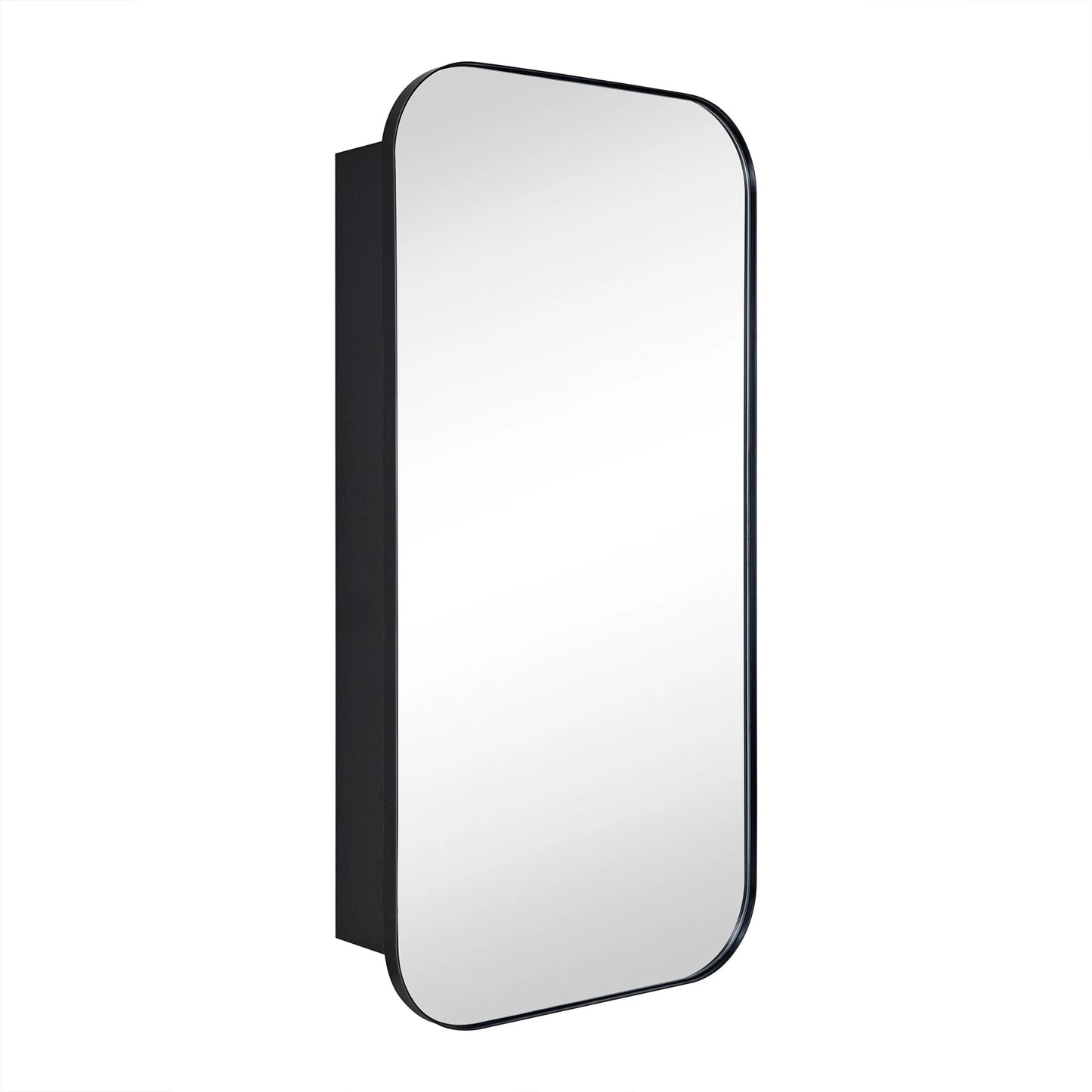 TEHOME Black Rectangle Long Recessed and Surface Mount Stainless Steel Metal Framed Rounded Rectangular Bathroom Cabinet with Mirror 20x40''