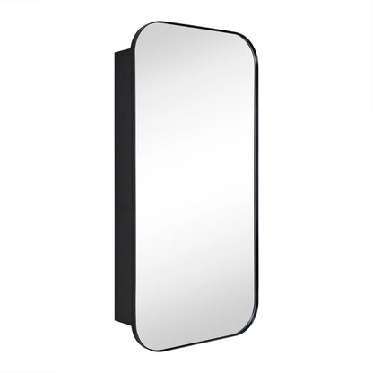 TEHOME Black Rectangle Long Recessed and Surface Mount Stainless Steel Metal Framed Rounded Rectangular Bathroom Cabinet with Mirror 20x40''